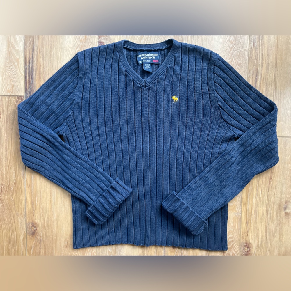 Vintage Abercrombie & Fitch A&F Navy Ribbed Knit V-Neck Sweater Moose Logo Y2K M